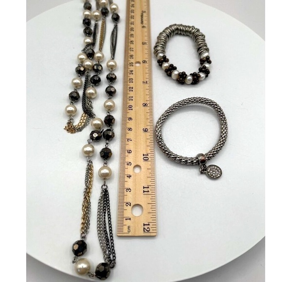 Womens Long Multi-Strand Pearl Necklace Bracelet Set Silver Gold Chains N83 - Picture 6 of 6